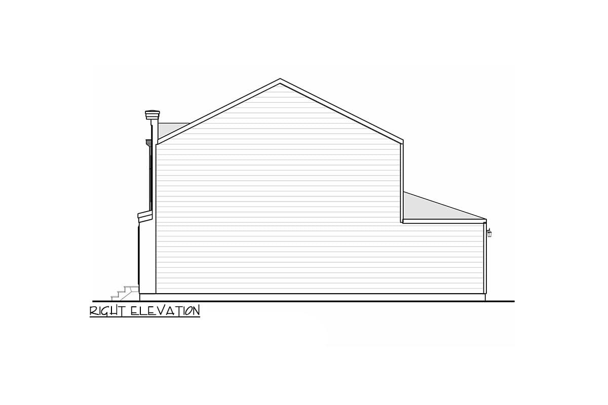 Right elevation house plan drawing with siding, prominent gable roof, and chimney.