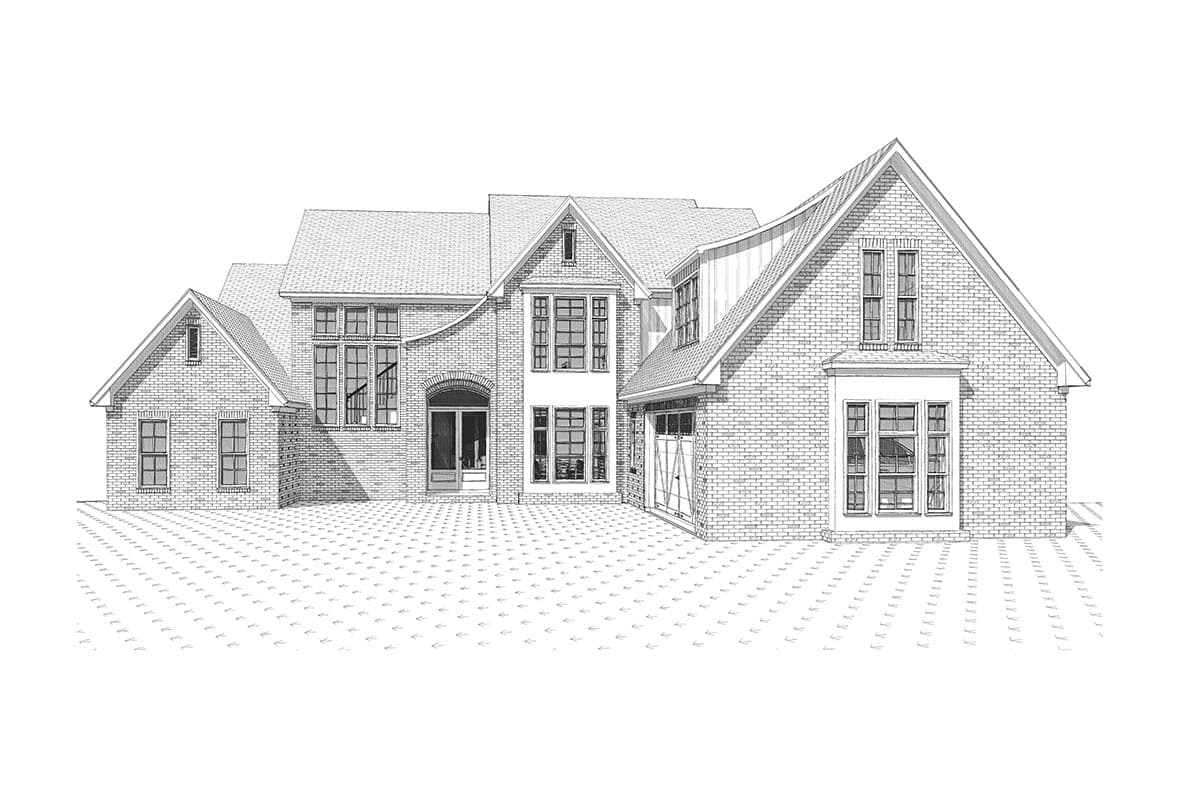 House plan exterior: brick, multi-story, hip and gable rooflines, arched entryway, bay window, and garage.