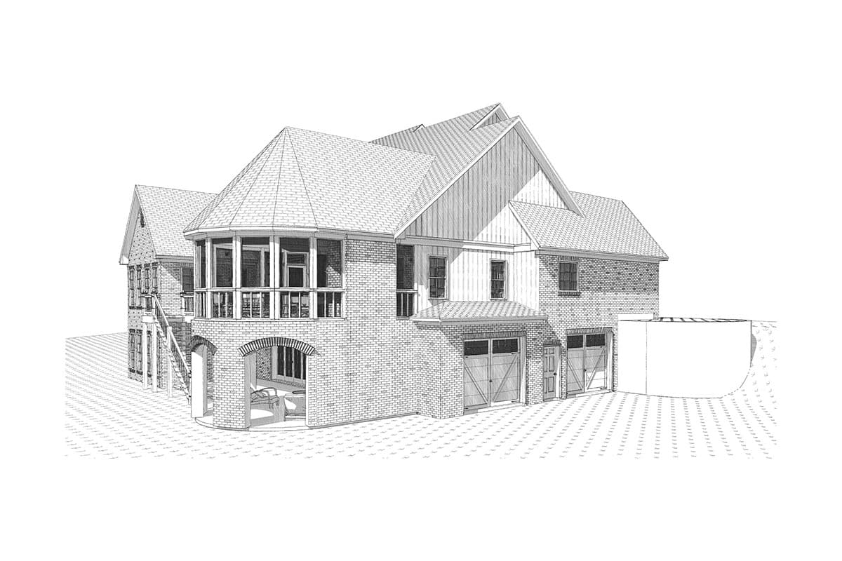 House plan exterior with brick facade, multi-level rooflines, turreted screened porch, and three-car garage.