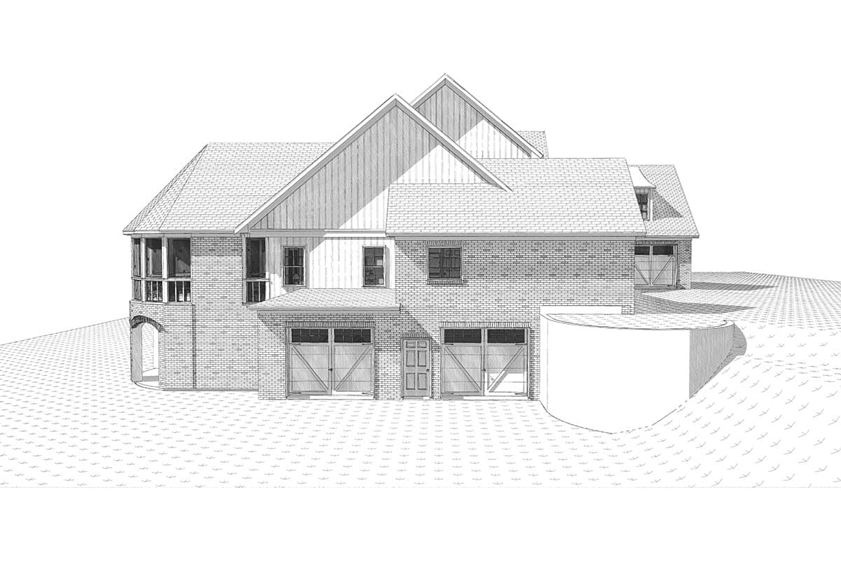 House plan exterior: brick two-story with three garage doors, gabled dormers, and a screened porch.