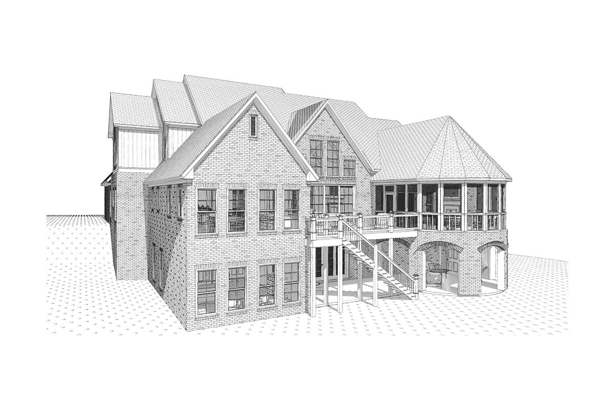 House plan exterior of a two-story brick home with multiple gables, a screened porch with a conical roof, and a detached section with vertical siding.