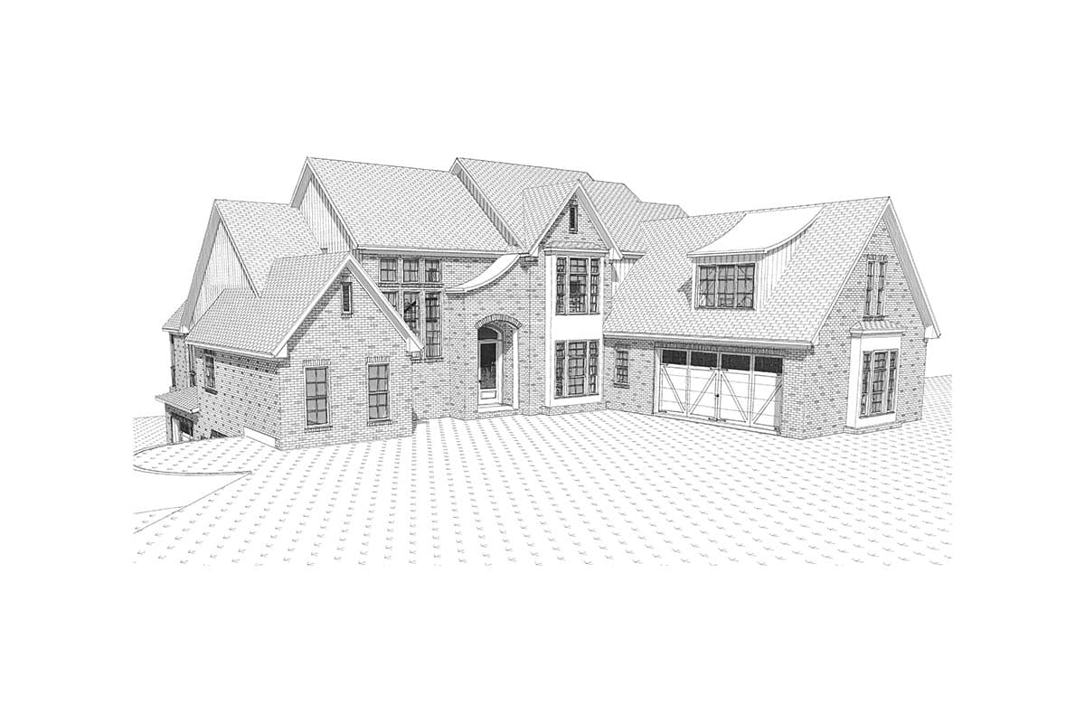 House plan exterior, brick facade, multi-story, prominent gables, arched entry, and dual garage doors with decorative trim.