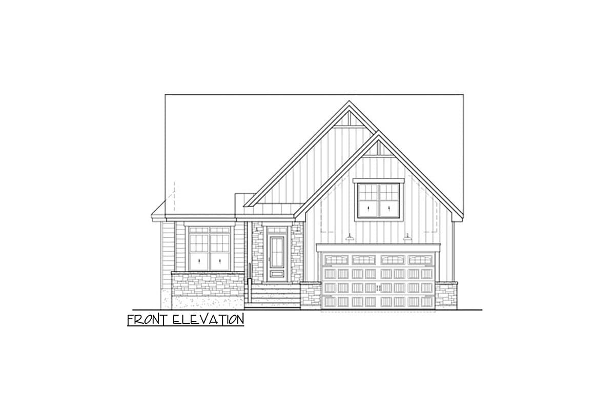 Front elevation drawing of a house plan featuring a prominent gable, stone accents, a covered entryway, and a two-car garage.