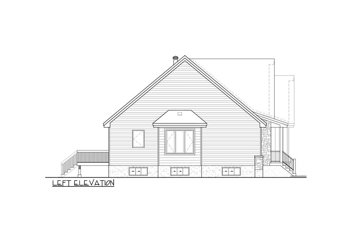 Left elevation house plan showing siding, gabled roof, bay window, deck, and stone accents.