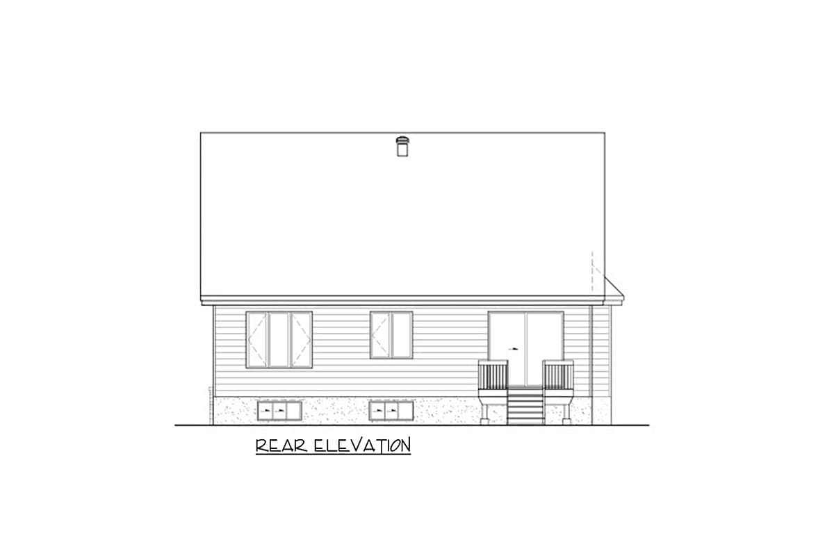 Rear elevation drawing of a house plan with horizontal siding, multiple windows, and a deck with railing.