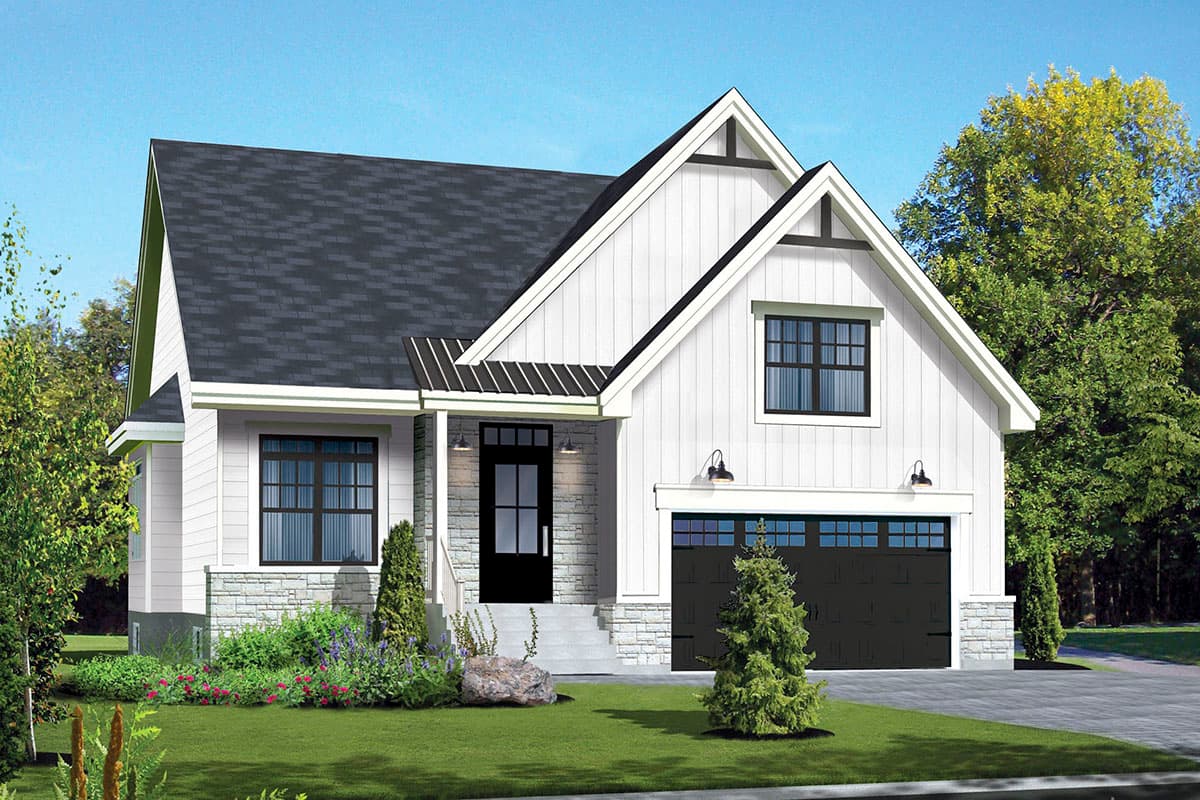 House plan exterior. Modern Farmhouse style with a gable roof, covered porch, and a two-car garage. Stone accents and board and batten siding.