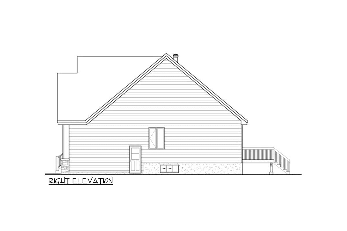 Right elevation drawing of a house with a gable roof, single door, one window, and a rear deck.