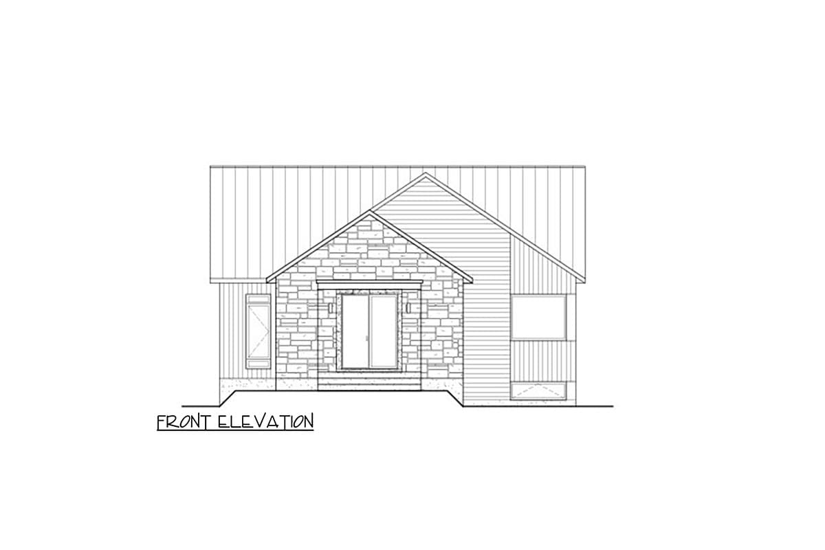 Front elevation drawing of a house with stone facade entrance, gable roof, and vertical siding.