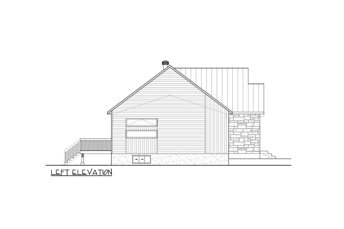 Left elevation drawing of a house plan showing siding, stone base, deck, gabled roof, and chimney.