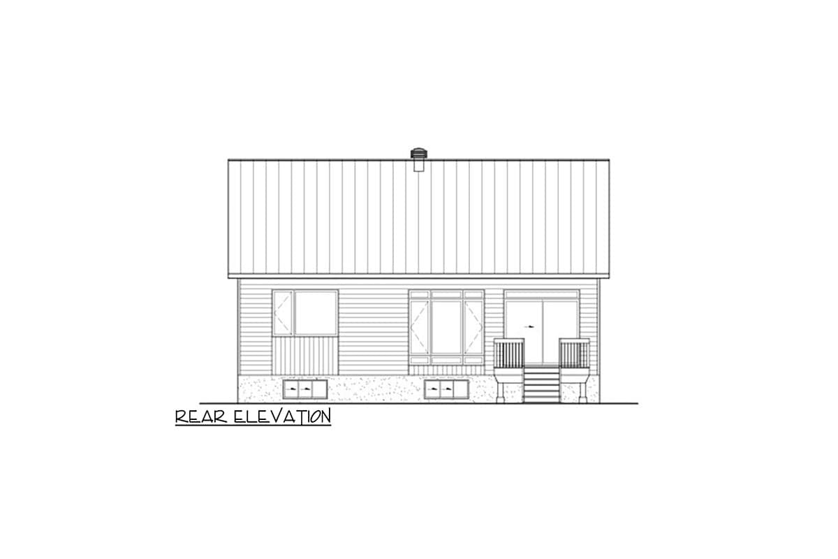 Rear elevation drawing of a house plan featuring a gable roof, horizontal siding, windows, and a porch with steps.