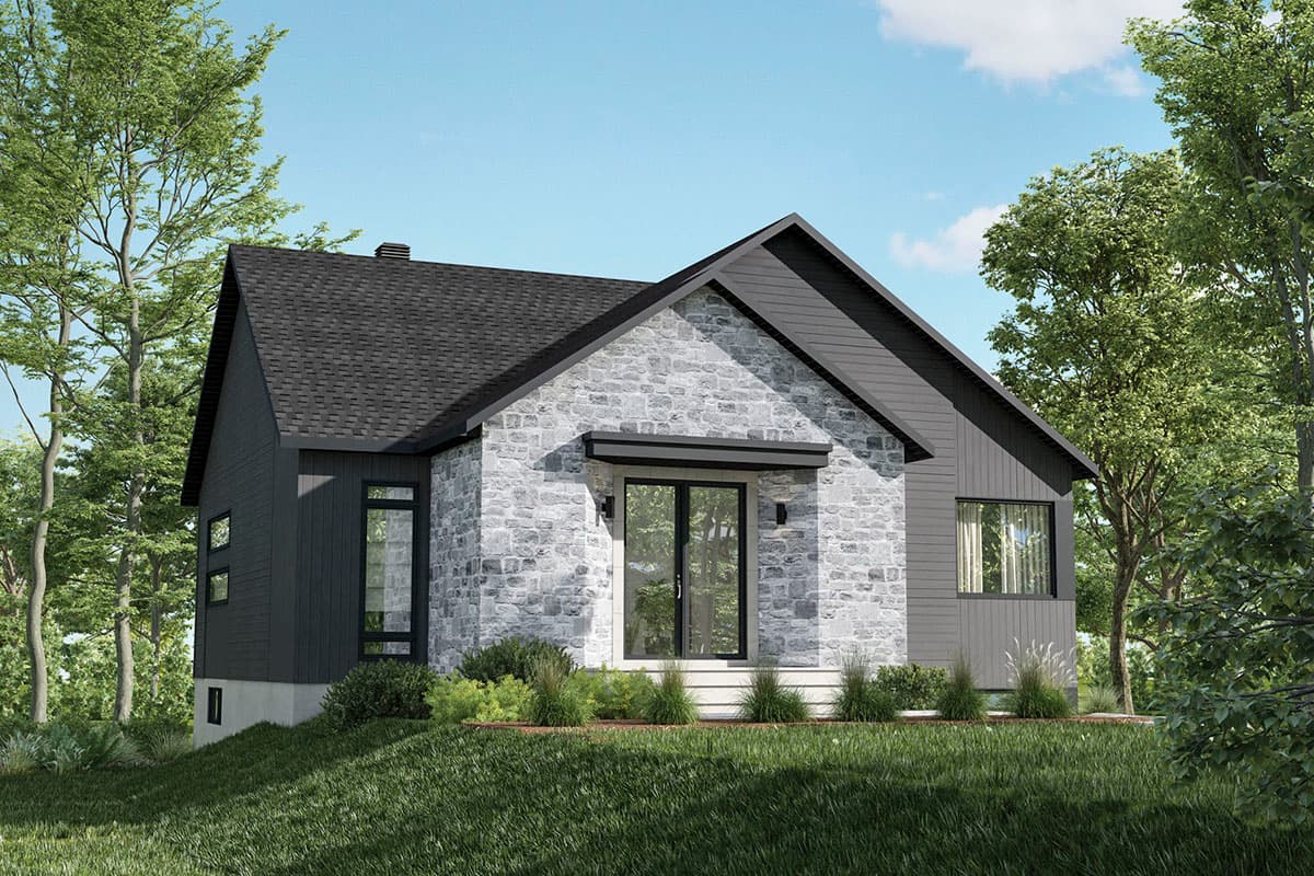 House plan exterior featuring a contemporary style, stone facade, gabled roof, and dark siding with large windows.