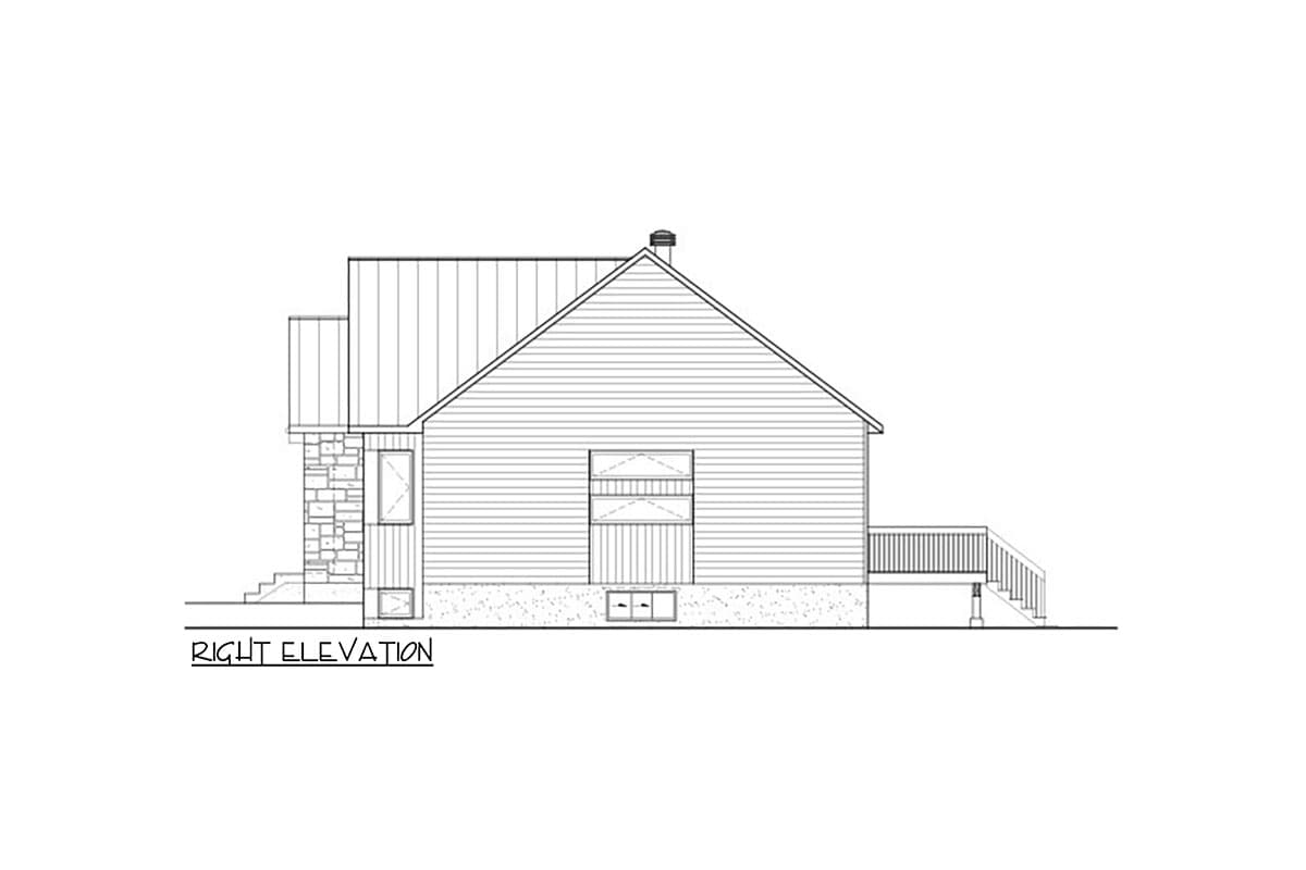 Right elevation of a house plan showing siding, stone accents, a gable roof, and a deck with stairs.