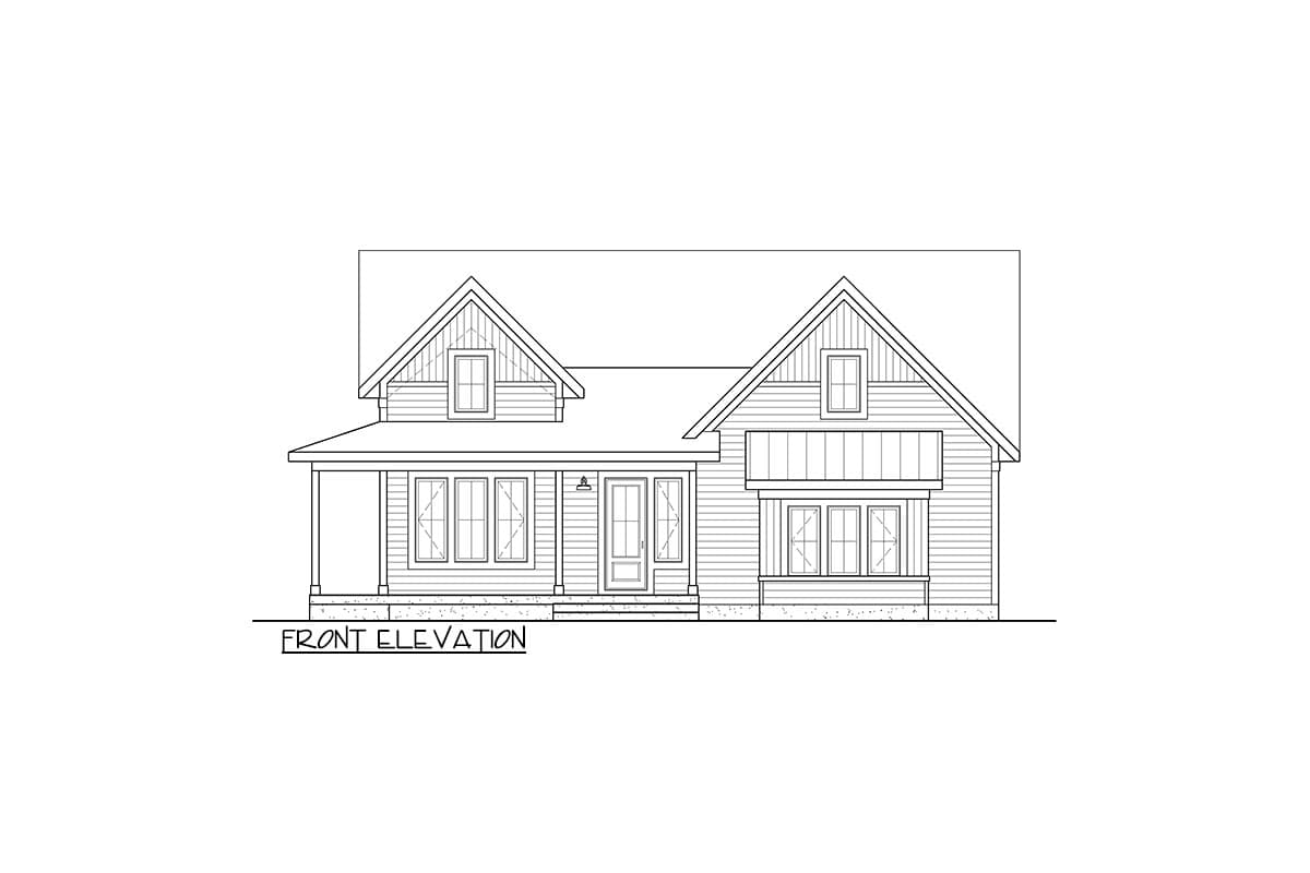 Front elevation drawing of a one-and-a-half-story house with a covered porch, gables, and dormer windows.