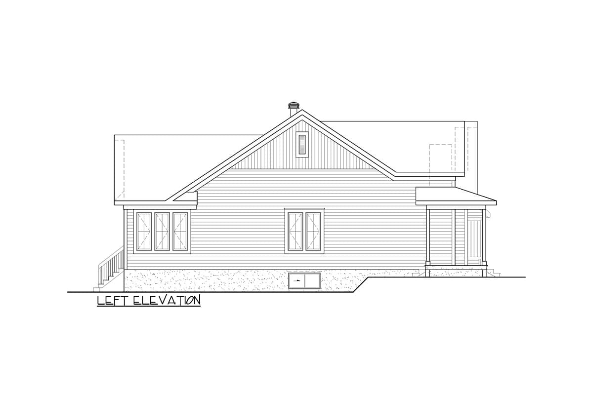 Left elevation drawing of a one-story house plan with a gabled roof, dormer, and covered porch.