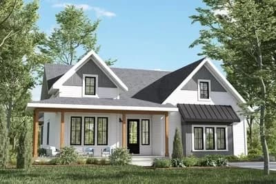 1604 Square Feet Farmhouse Ranch Plan with Split-bed Layout