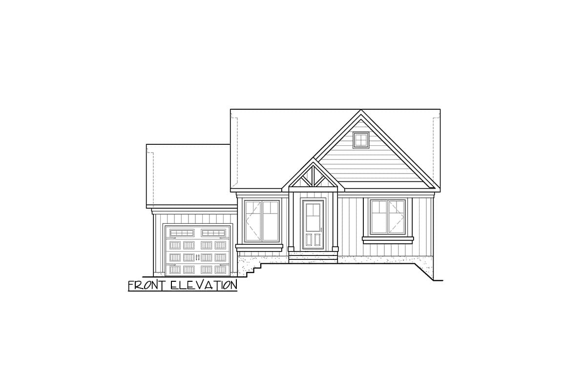 Front elevation drawing of a one-story house with attached garage, gabled front entrance, and multiple windows.