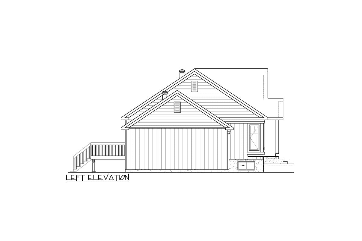 Left elevation drawing of a house plan with gabled roof, dormer, siding, deck, and porch.