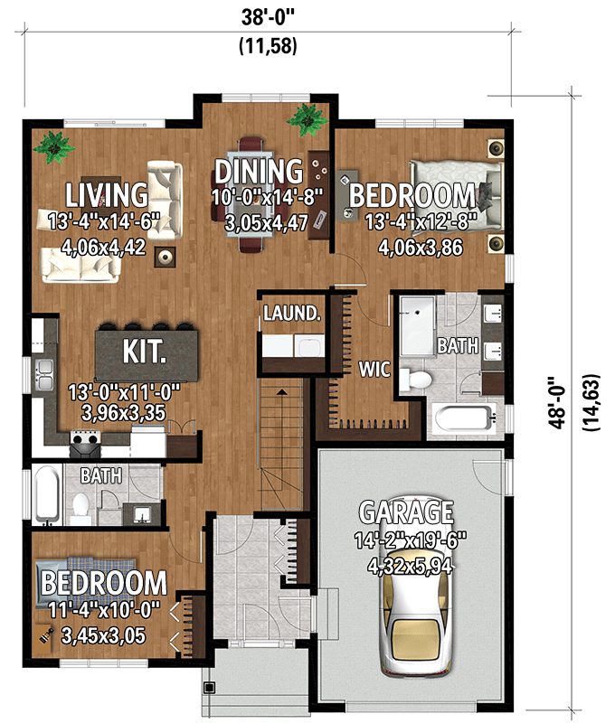 Plan 801102PM: One-Story Farmhouse Plan with Closed Foyer - 1367 Sq Ft - Floor Plan - Main Level - Farmhouse, Traditional