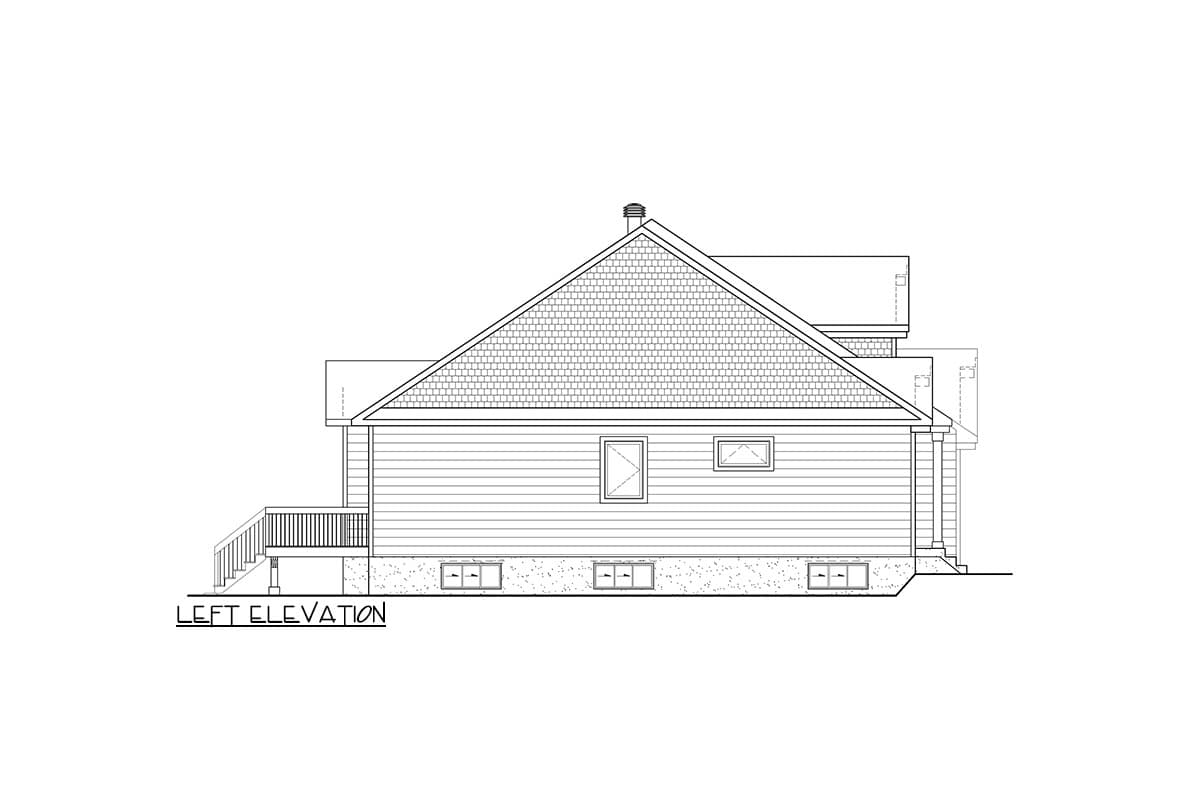 Left elevation house plan drawing showing a gabled roof, horizontal siding, deck, and foundation windows.