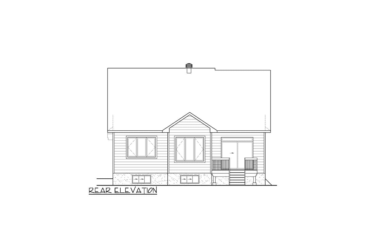Rear elevation drawing of a house plan featuring a gabled roof, multiple windows, and a rear deck with stairs.