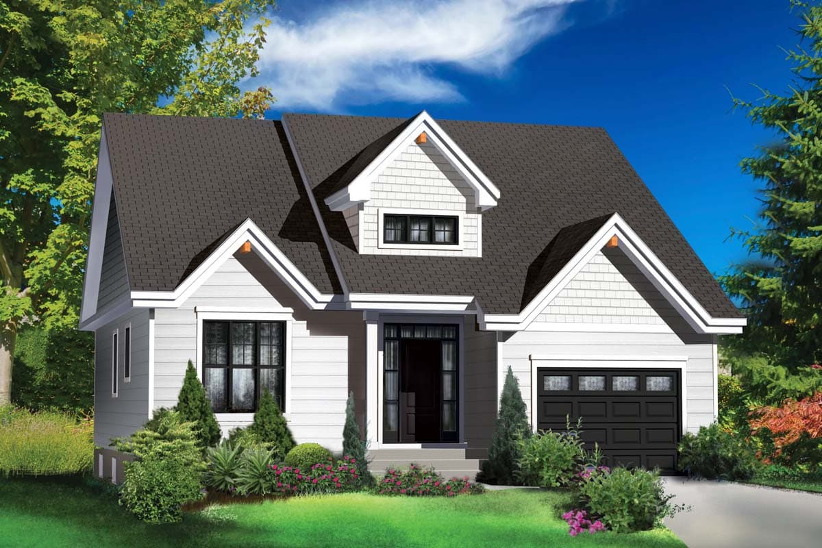 House plan exterior with two stories. Features include a gable roof, dormer, and attached garage. Exterior has white siding.