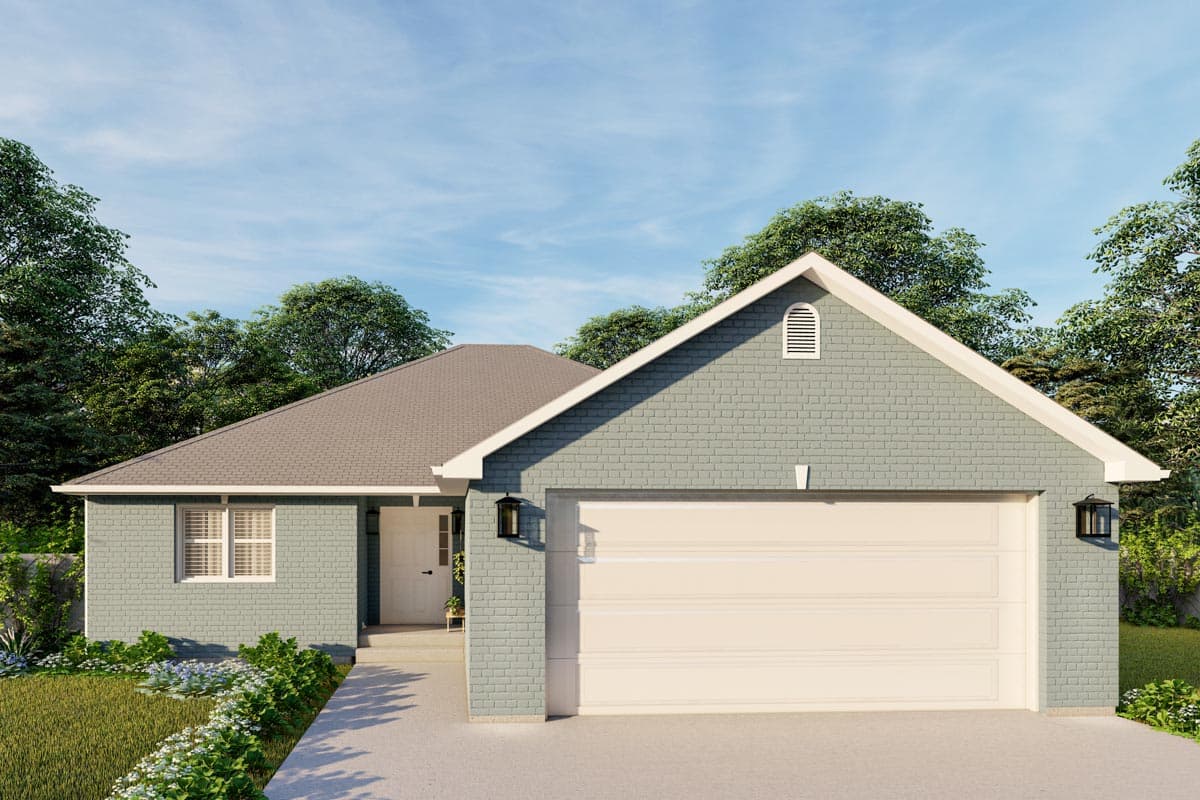 House plan exterior. Ranch style with a single story, front-facing garage, gabled roof, and brick facade with an arched vent.