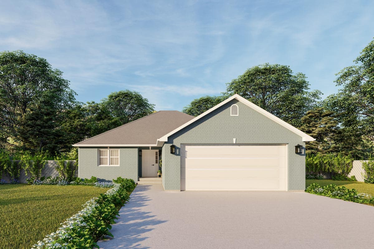 House plan exterior: One-story house with gable roof, front-facing garage, and a covered entry.
