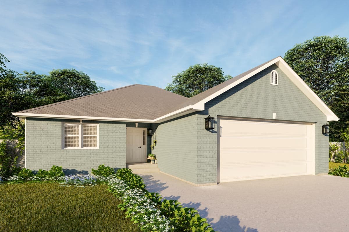 House plan exterior featuring a one-story Modern Farmhouse style with a gable roof, side-entry garage, and brick siding.