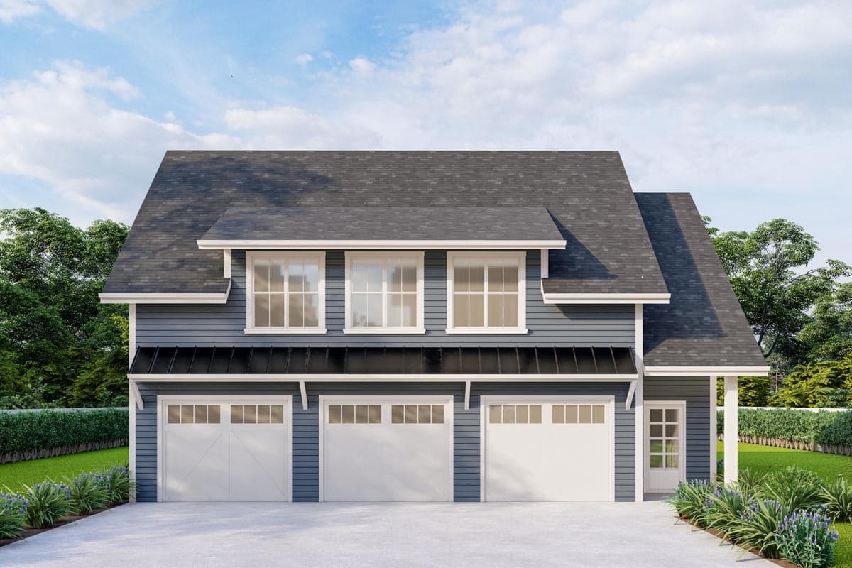 House plan exterior with Craftsman style. Features include a three-car garage, gable roof, and dormer windows above the garage doors.