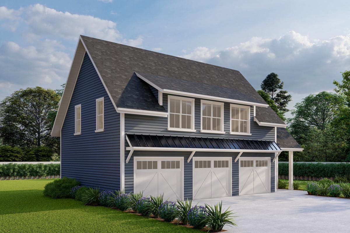 House plan exterior: Two-story building with blue siding, three-car garage, and multiple gables.