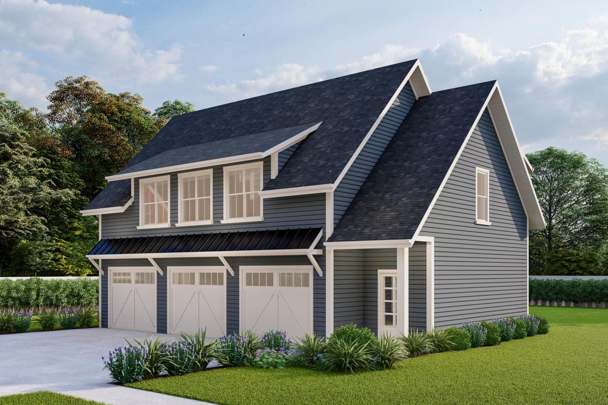 House plan exterior featuring a three-car garage, siding, dormer windows, and a prominent gable.