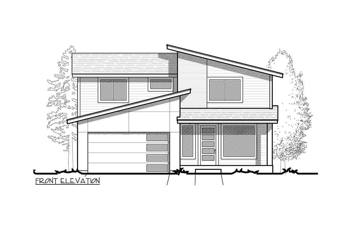 Front elevation drawing of a two-story modern house plan with a two-car garage and angled rooflines.