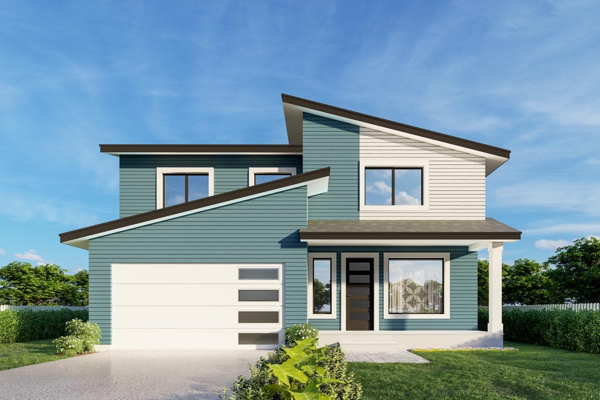 House plan exterior with two stories. Modern style with asymmetrical roofline, horizontal siding, and attached garage. Includes a covered porch.