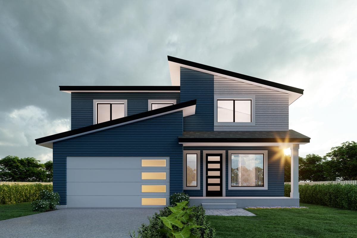 Modern two-story house plan exterior with asymmetrical rooflines, prominent gables, two-car garage, and horizontal panel siding.