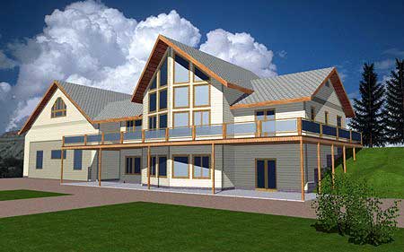House plan exterior rendering shows a two-story home with a prominent gable, large window wall, and wrap-around deck.