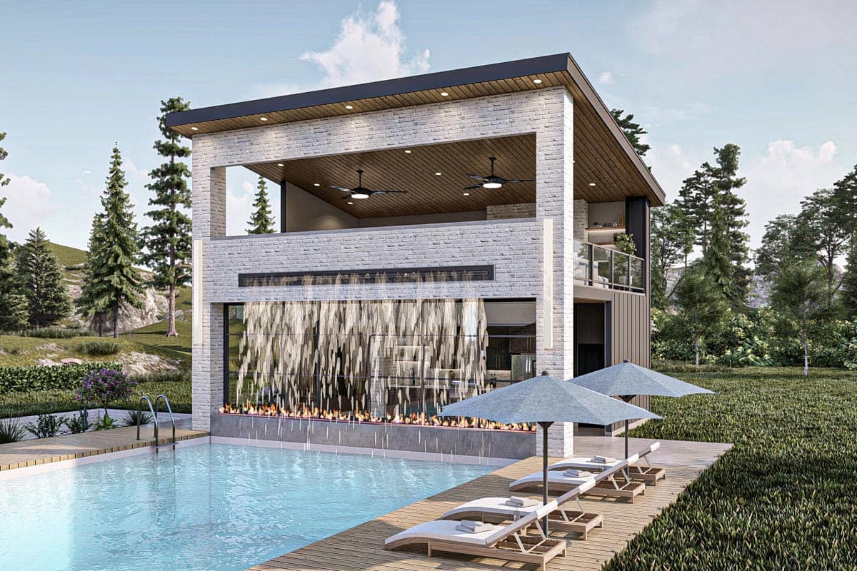 House plan exterior. Modern style with a flat roof and open-air upper level. Features a water feature and a swimming pool. The exterior is white brick.