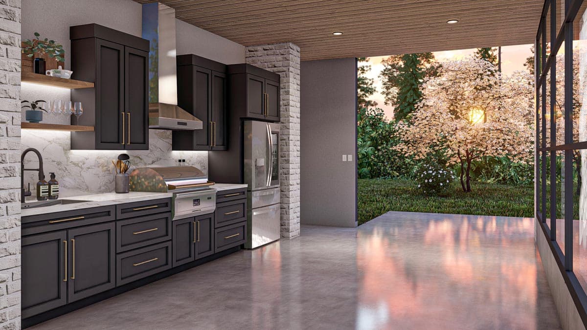 Modern kitchen rendering with dark cabinetry, stainless steel appliances, and an outdoor view of a blooming tree.