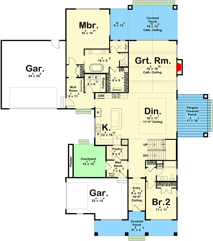 Plan 623229DJ: 2780 Square Foot 3-Bed Craftsman Farmhouse with Parking for 3 Cars - Floor Plan - Main Level - Bungalow, Country, Craftsman, Modern Farmhouse, New American, Traditional