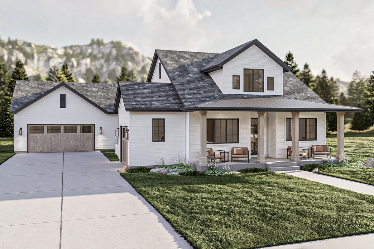 House plan exterior: Two-story Modern Farmhouse with a covered porch, gable roof, and attached two-car garage.