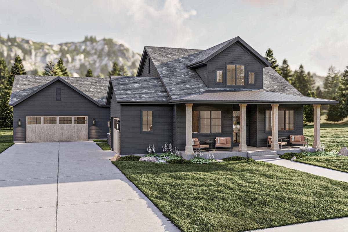 House plan exterior. Two-story Modern Farmhouse with a gabled roof, covered porch with columns, and attached garage with a shed roof.