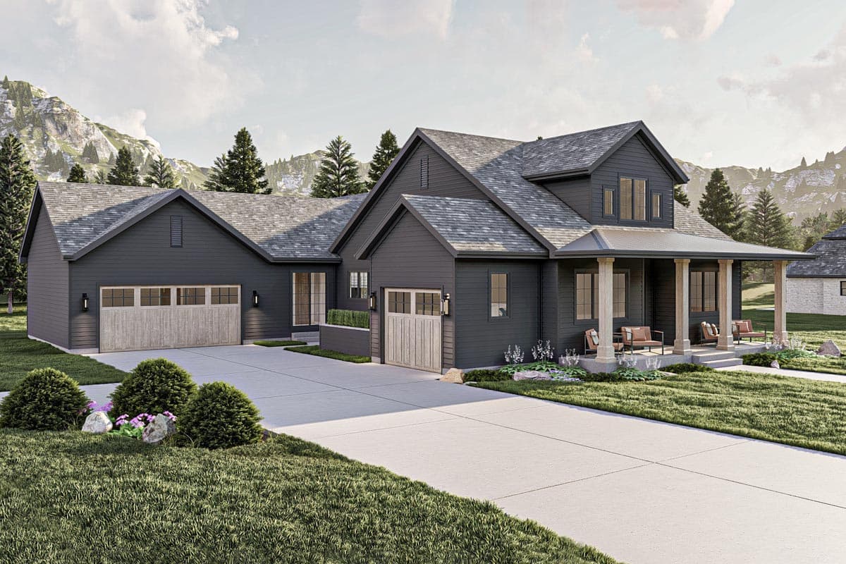 Modern Farmhouse house plan exterior with two-car garage, gabled rooflines, and covered front porch with columns.
