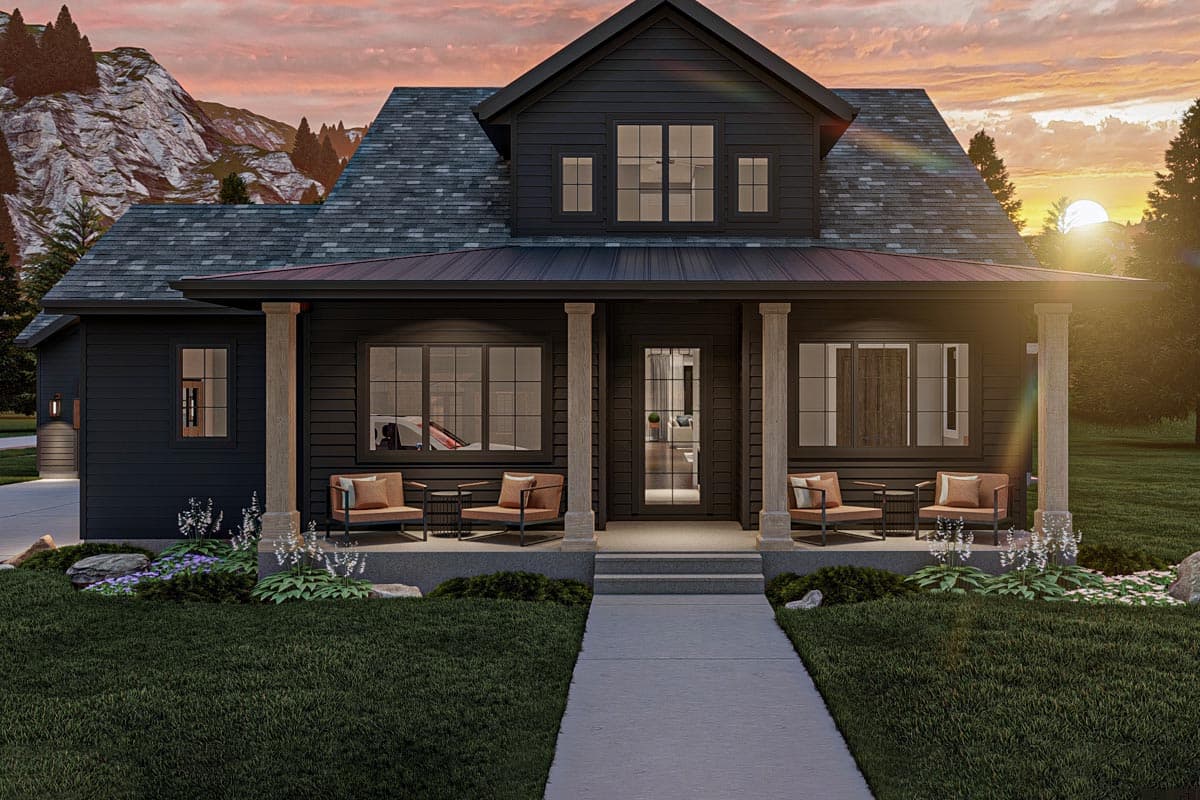 Modern Farmhouse house plan exterior with a covered porch, gables, and multiple stories.