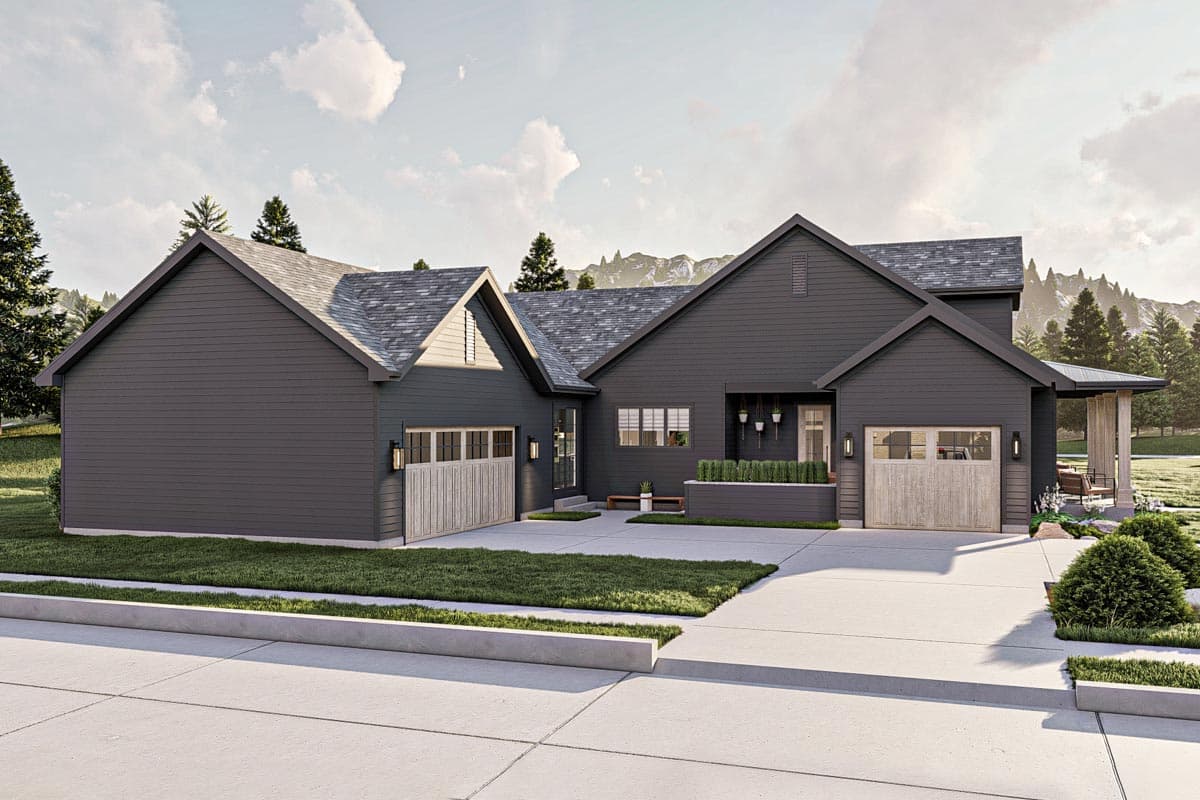 House plan exterior with dark siding, a gable roof, and two garage doors with light wood paneling. Covered porch visible.