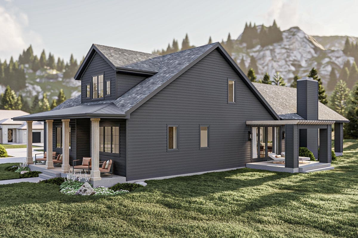 House plan exterior, two stories, features a covered front porch with square columns, dormer, and rear covered patio.