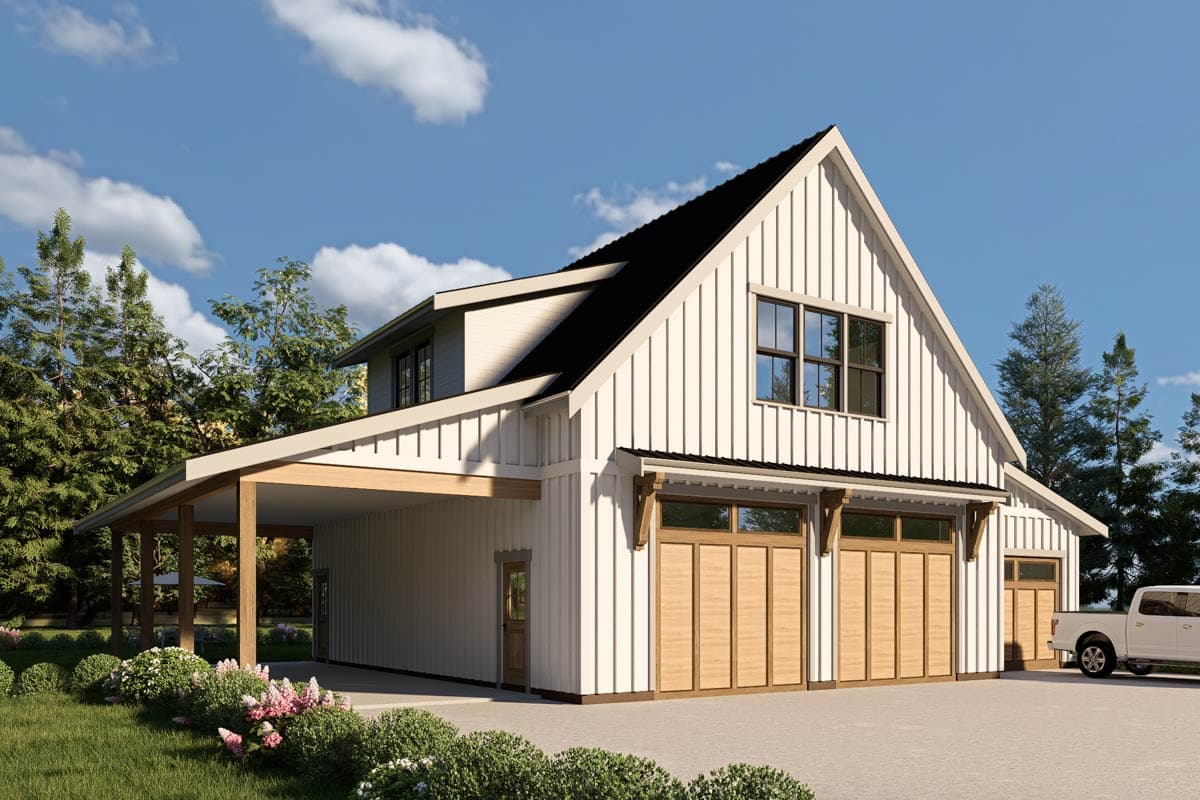 Modern Farmhouse house plan exterior with board and batten siding, two-car garage doors, and a covered carport.
