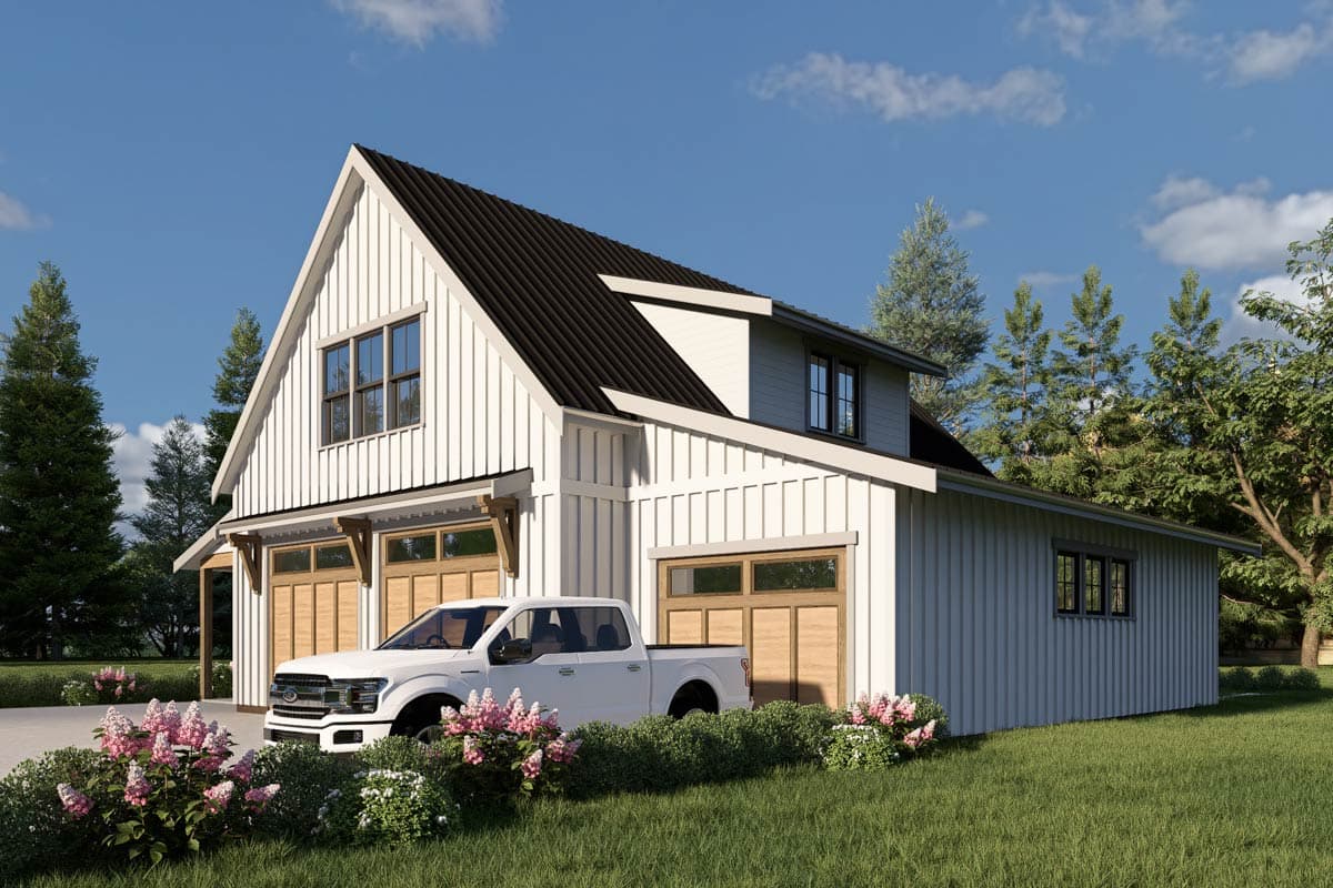 Modern Farmhouse house plan exterior with board and batten siding, a steep gable roof, dormers, and a three-car garage.