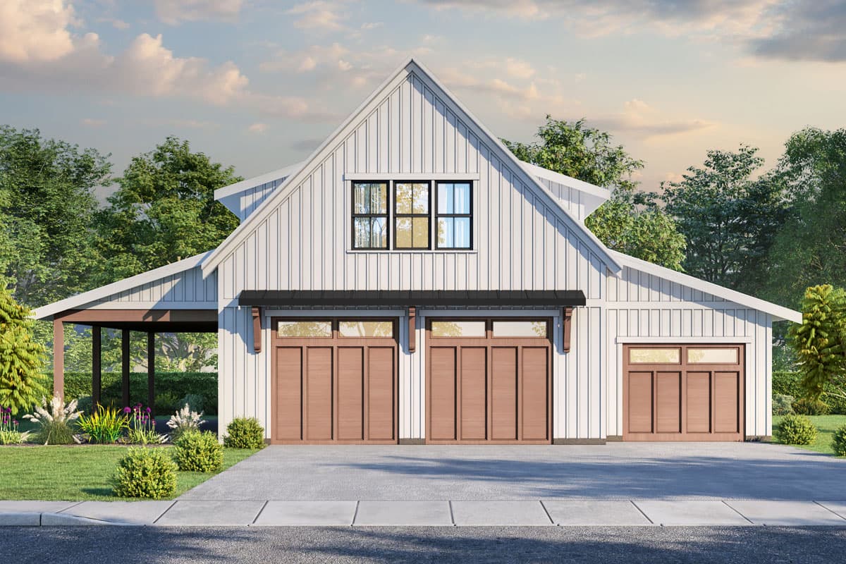 House plan exterior. Farmhouse style with a gabled roof, two-car garage, and covered porch. Features include board and batten siding.