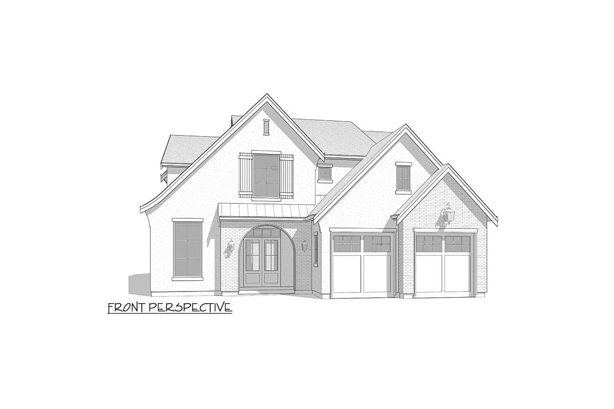 Front perspective of a two-story house plan with a brick exterior, arched entryway, and a three-car garage.