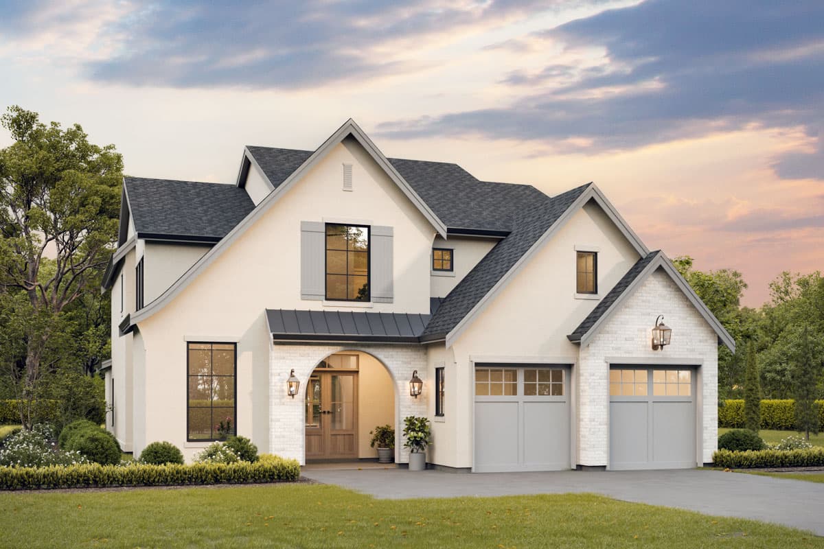 House plan exterior with two stories, a gabled roof, arched entryway, and a two-car garage. Features include dormers and dark trim.