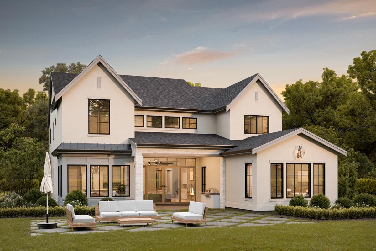 Modern Farmhouse house plan exterior, two stories, gables, multiple large windows, and a covered patio with outdoor kitchen.